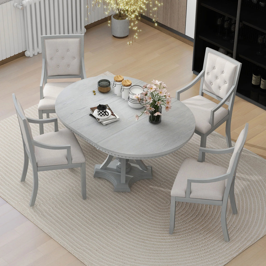 5 Piece Gray Wood Round Dining Table Set with 4 Upholstered Chairs X9284