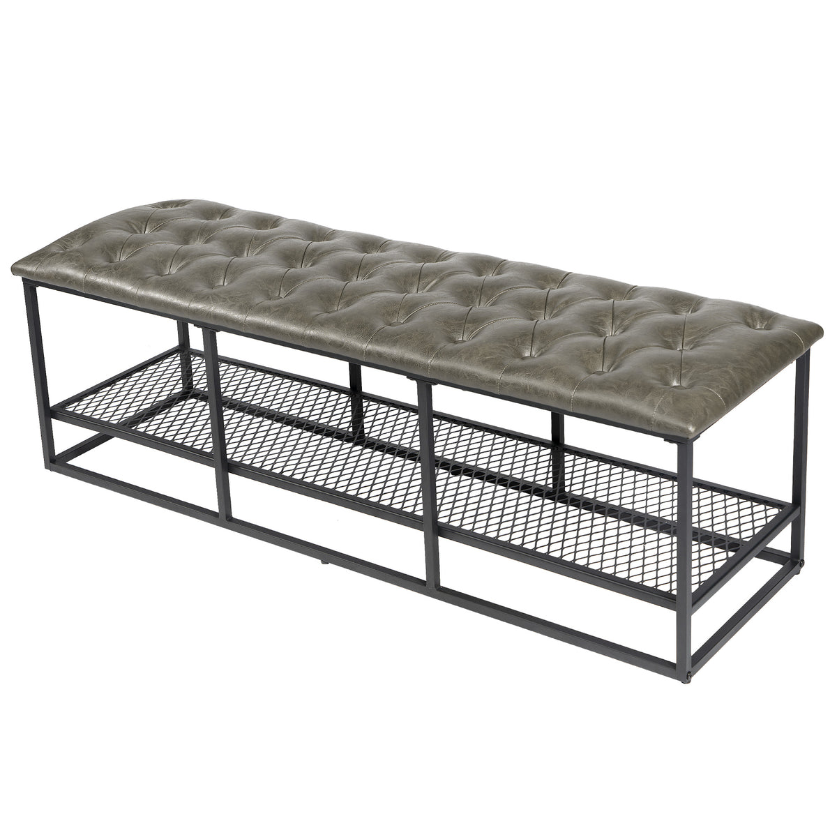 Gray Green Button Tufted Faux Leather Storage Bench B7911