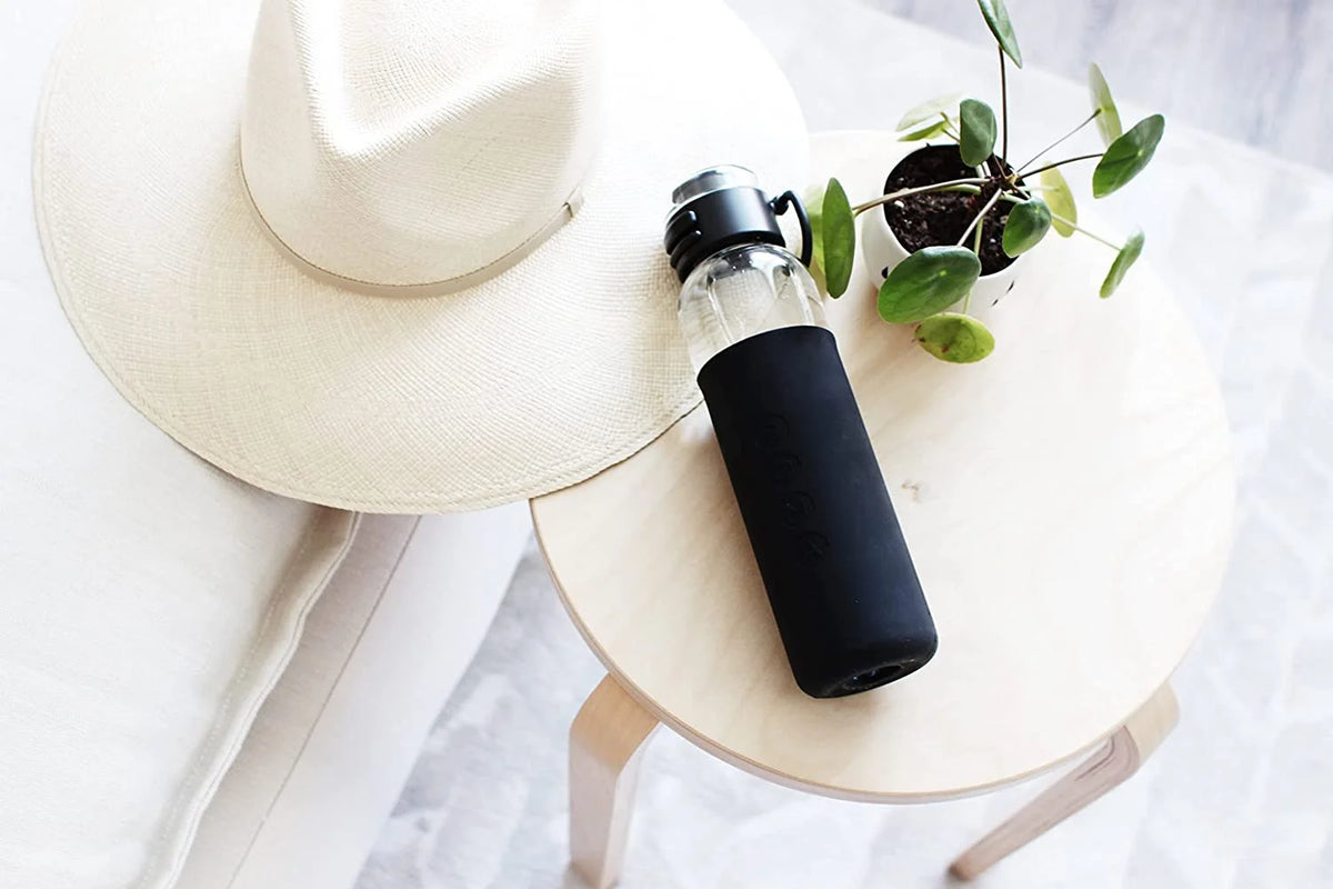 Black Glass Sport Water Bottle with Silicone Sleeve and Flip Top Lid P27352