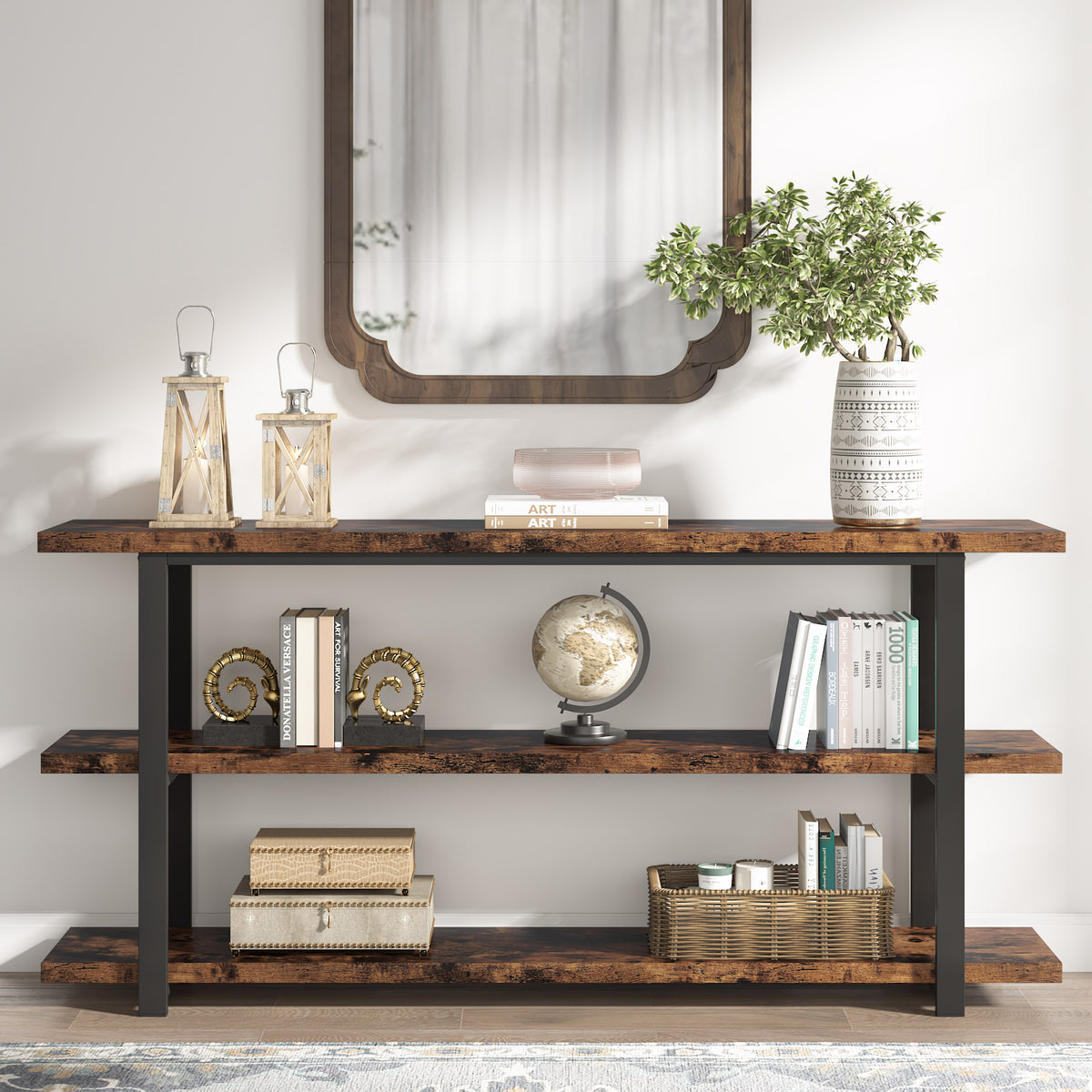 70.9 Inch Industrial Narrow Console Table with 3 Tier Storage Shelves F367