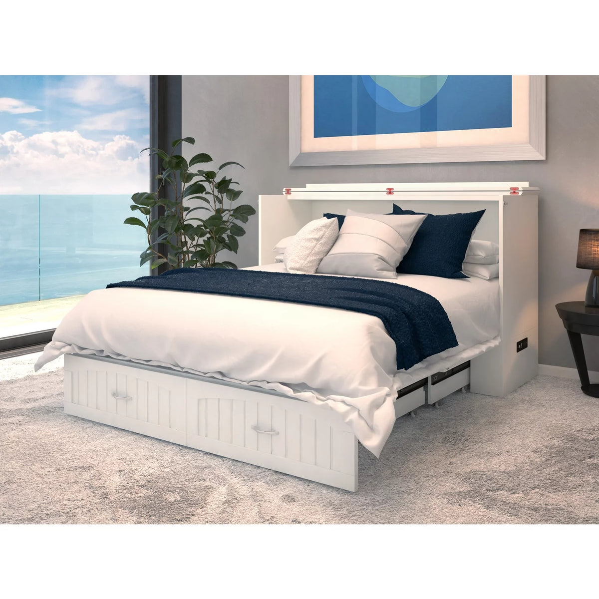 Queen Solid Wood Murphy Bed Chest with Mattress in White G426362