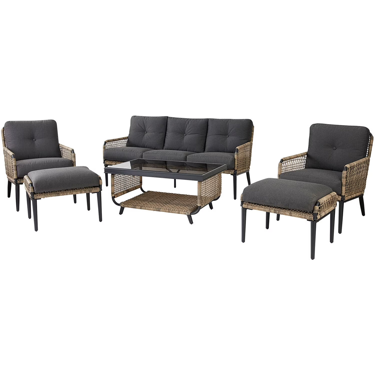 6-Piece Modern Outdoor Chat Set with Open Weave Wicker Sofa, 2 Side Chairs, 2 Ottomans, and Glass Top Coffee Table with Charcoal Plush Cushions R369855