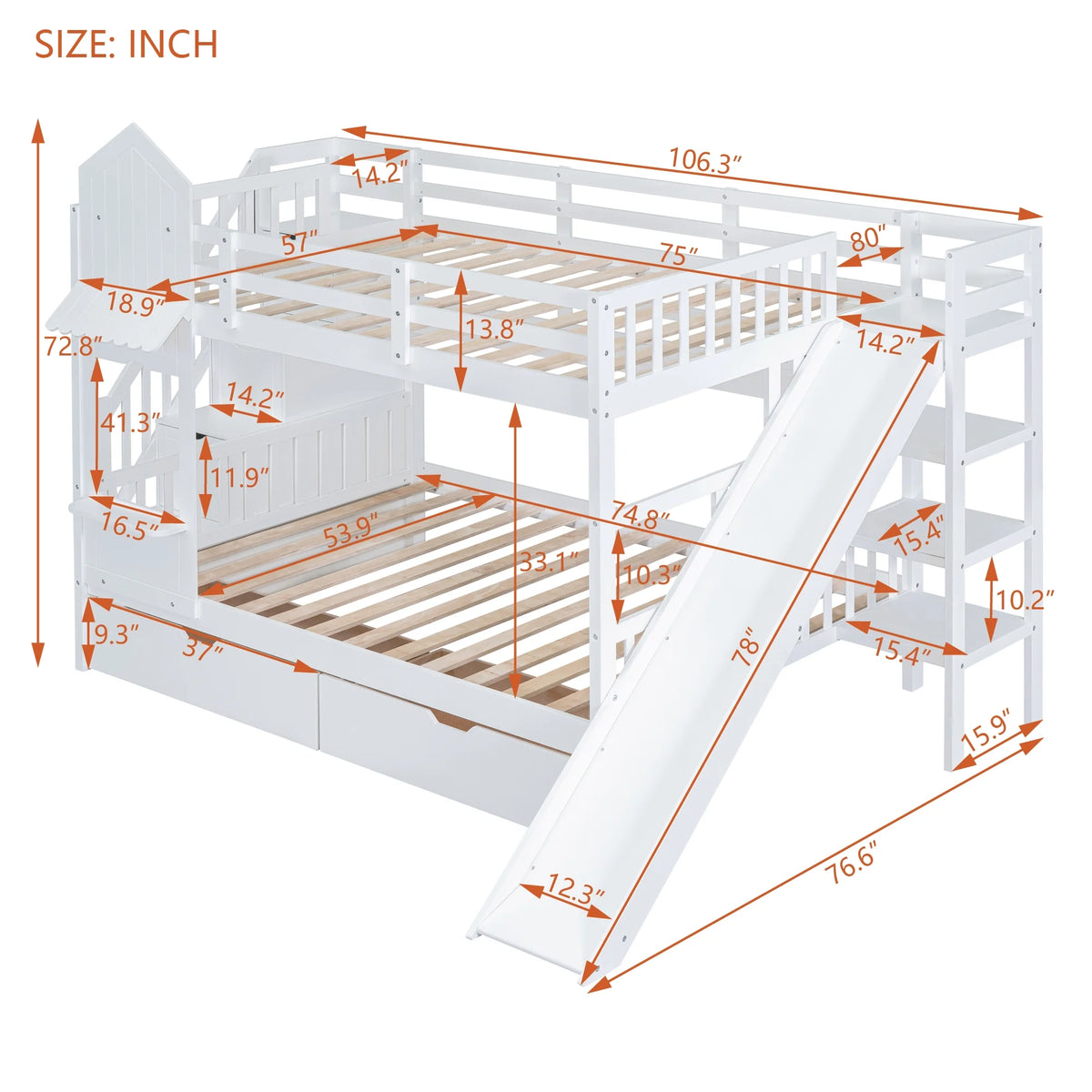 Full Over Full Castle Bunk Bed with Slide, Stairs and Storage Drawers B680310