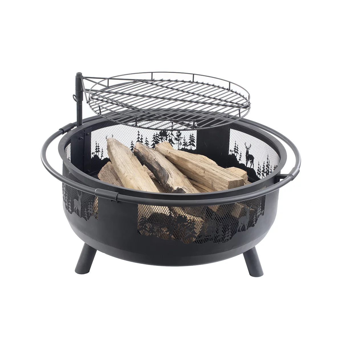 36" Round Fire Barrel with Grill, Screen, and Lift, Black W103