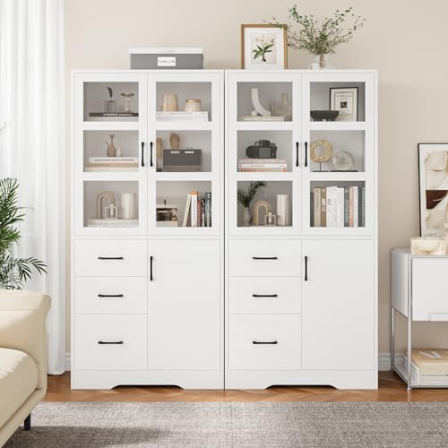 Black Tall Bookshelves with Glass Doors and 3 Drawers M120