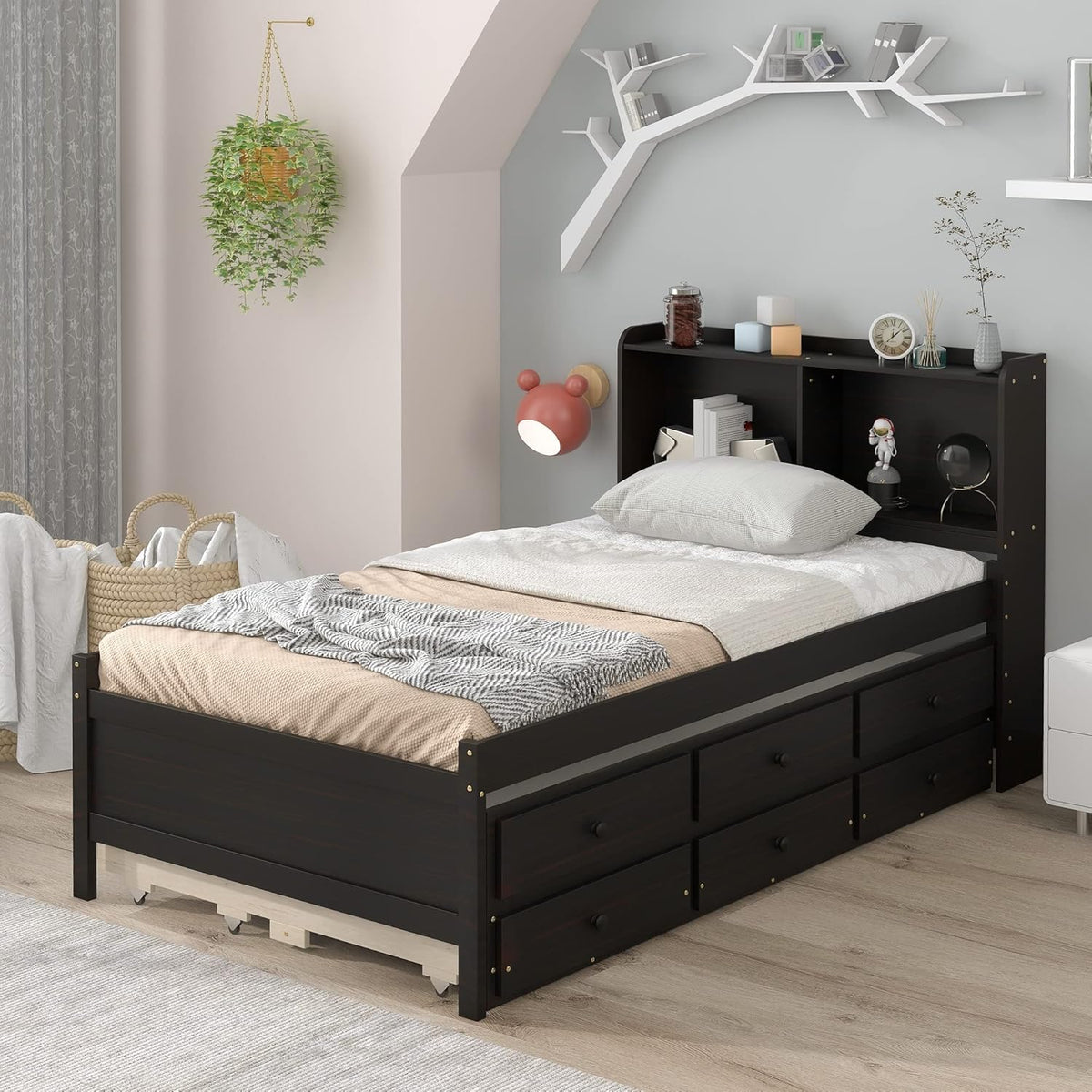 Twin Wood Captain’s Bed with Bookcase Headboard, Trundle and 3 Drawers, Espresso Q506519