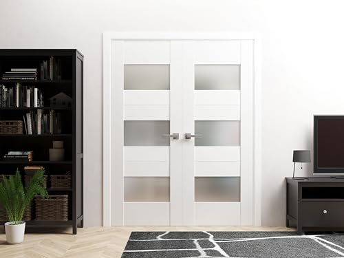 Solid French Double Doors 36 x 80 inches Opaque Glass White Silk Wood Solid Panel Frame H724