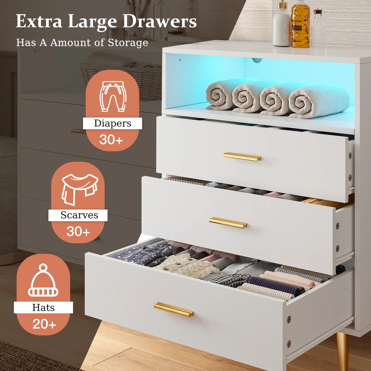 White 6 Drawer Dresser with LED Lights T7448