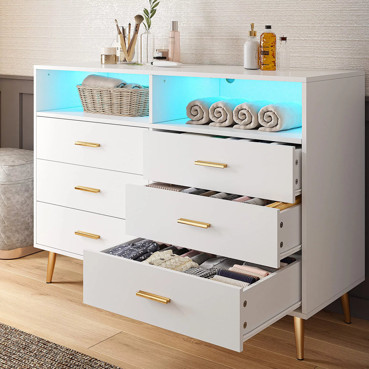 White 6 Drawer Dresser with LED Lights T7448