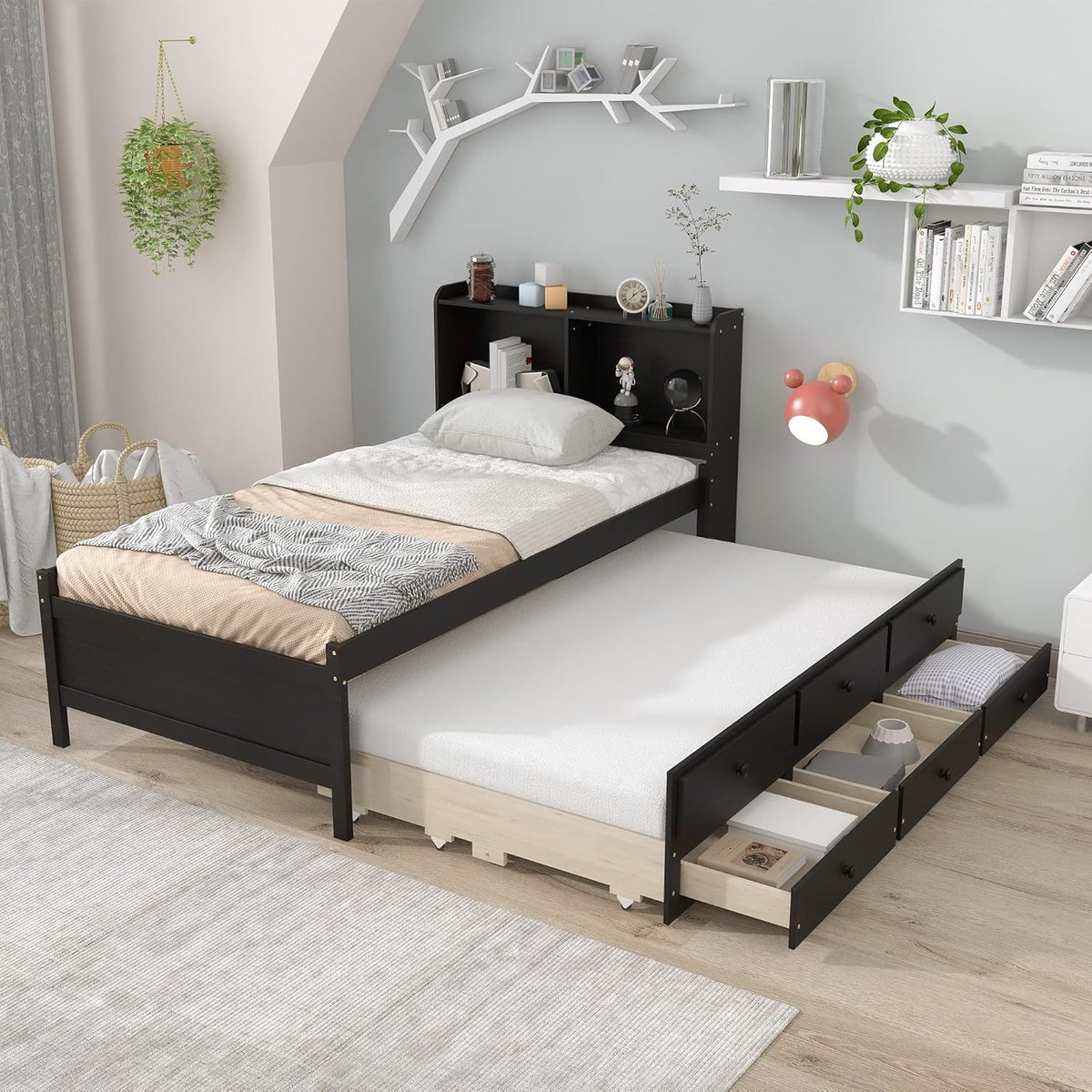 Twin Wood Captain’s Bed with Bookcase Headboard, Trundle and 3 Drawers, Espresso Q506519