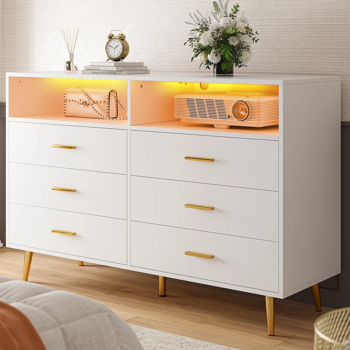 White 6 Drawer Dresser with LED Lights T7448