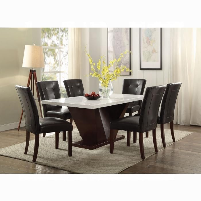 White Marble Top & Walnut Finish Wooden Dining Set T830562