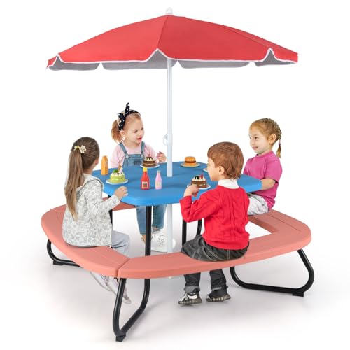 Kids Picnic Table with Umbrella and 4 Built-in Benches S5719