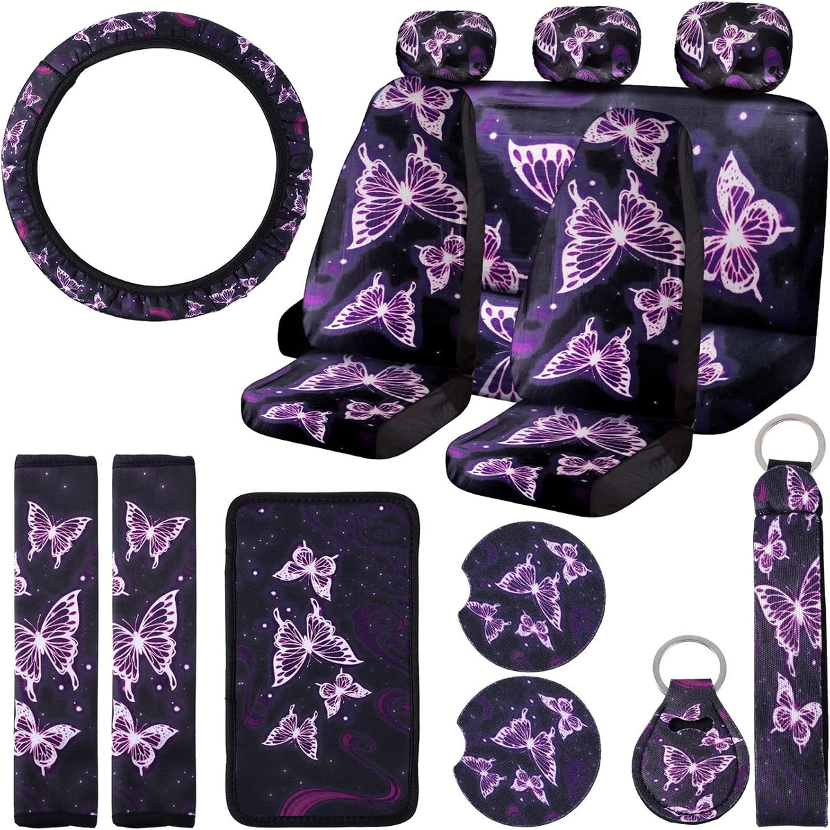 15 Pieces Purple Butterfly Car Seat Covers Full Set Y3254