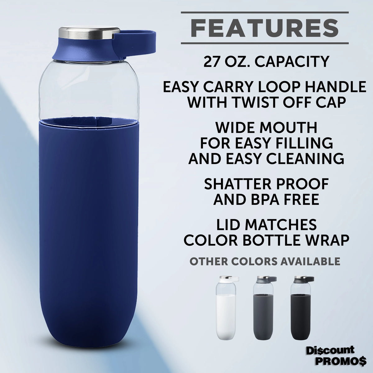 Navy Blue Plastic Water Bottles with Carrier Handle, 27 oz, Set of 10 J198350