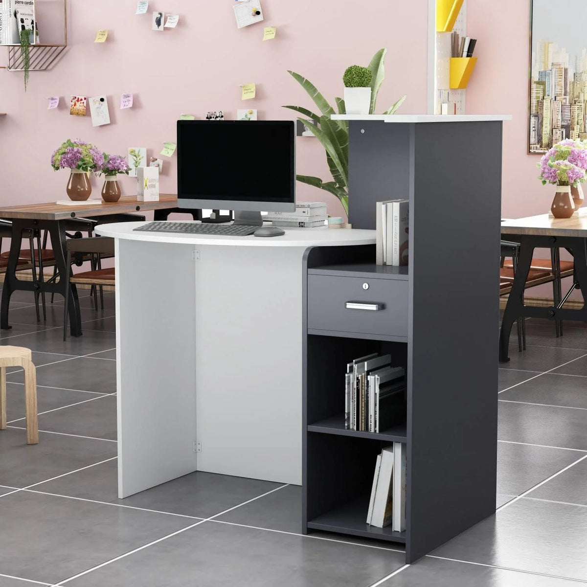 White and Dark Grey Reception Desk with Lockable Drawer B83332