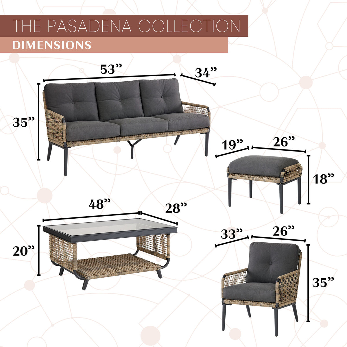 6-Piece Modern Outdoor Chat Set with Open Weave Wicker Sofa, 2 Side Chairs, 2 Ottomans, and Glass Top Coffee Table with Charcoal Plush Cushions R369855