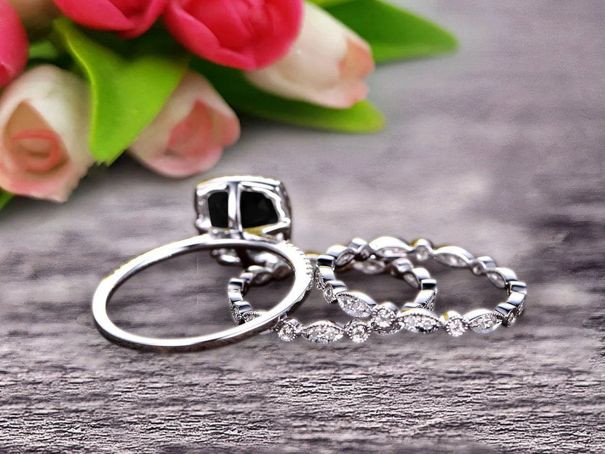 3.05 Carat Cushion Cut Black Diamond Moissanite Bridal Set Engagement Ring 10k White Gold Full Eternity Art Deco N382