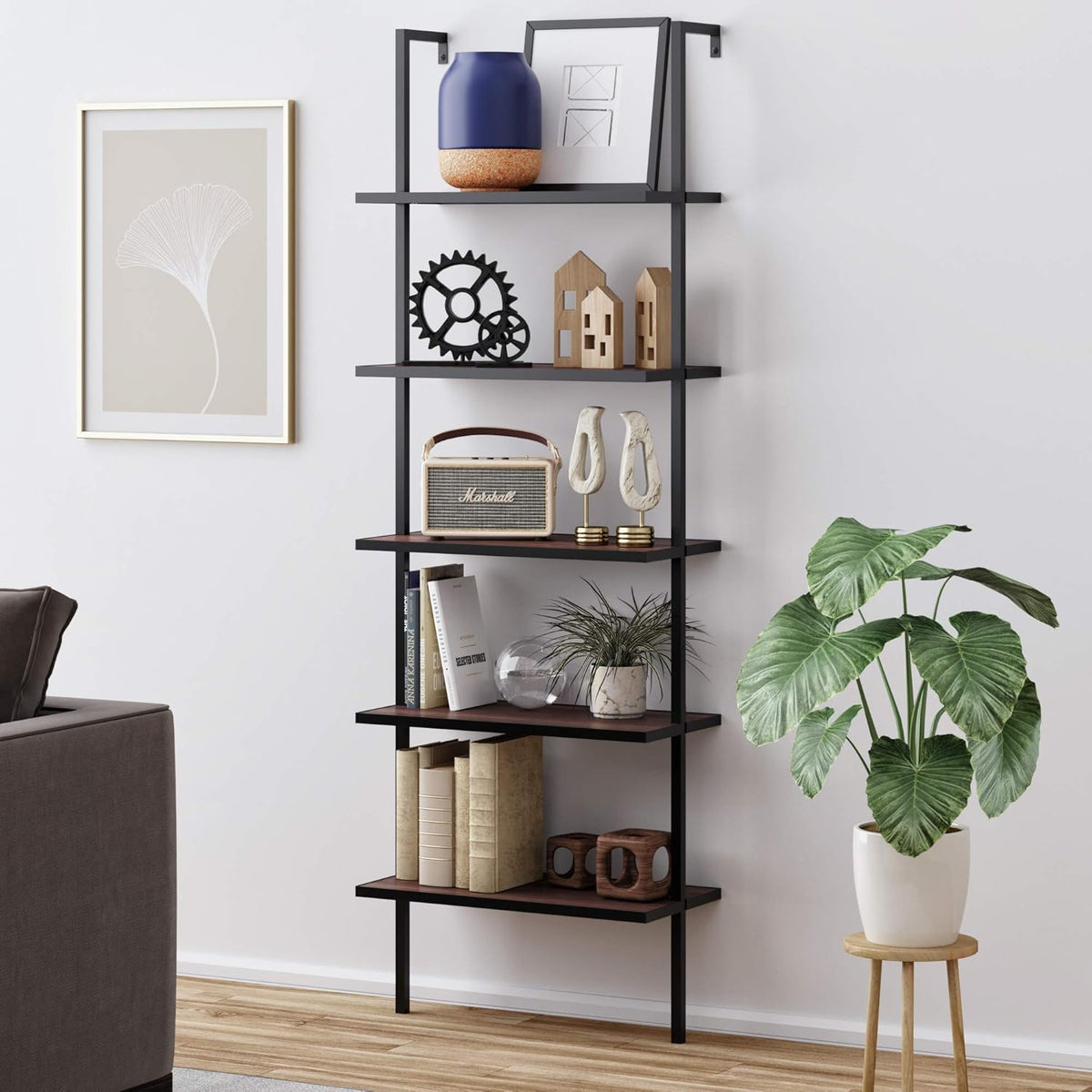White/Gold 5-Shelf Ladder Bookcase with Metal Frame P948665
