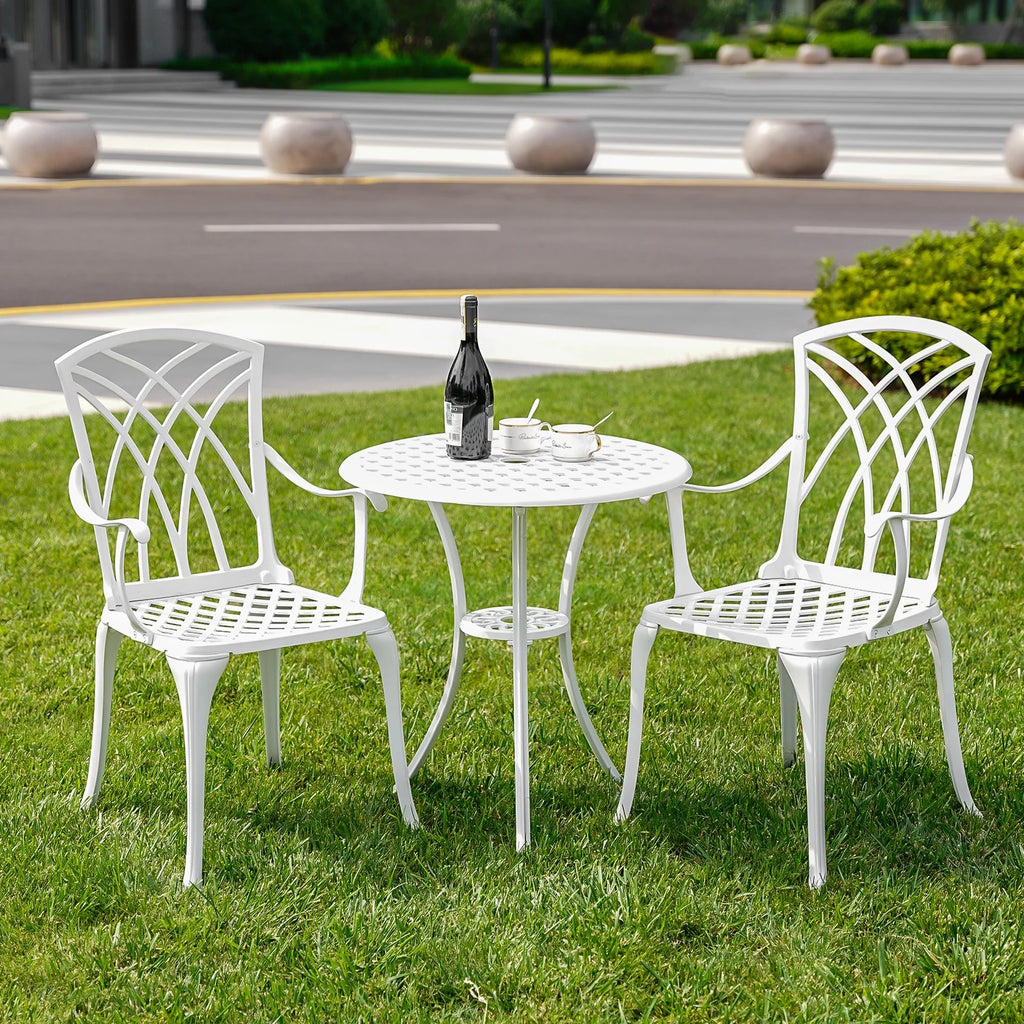 White Bistro Set with Umbrella Hole Cast Aluminum L49383