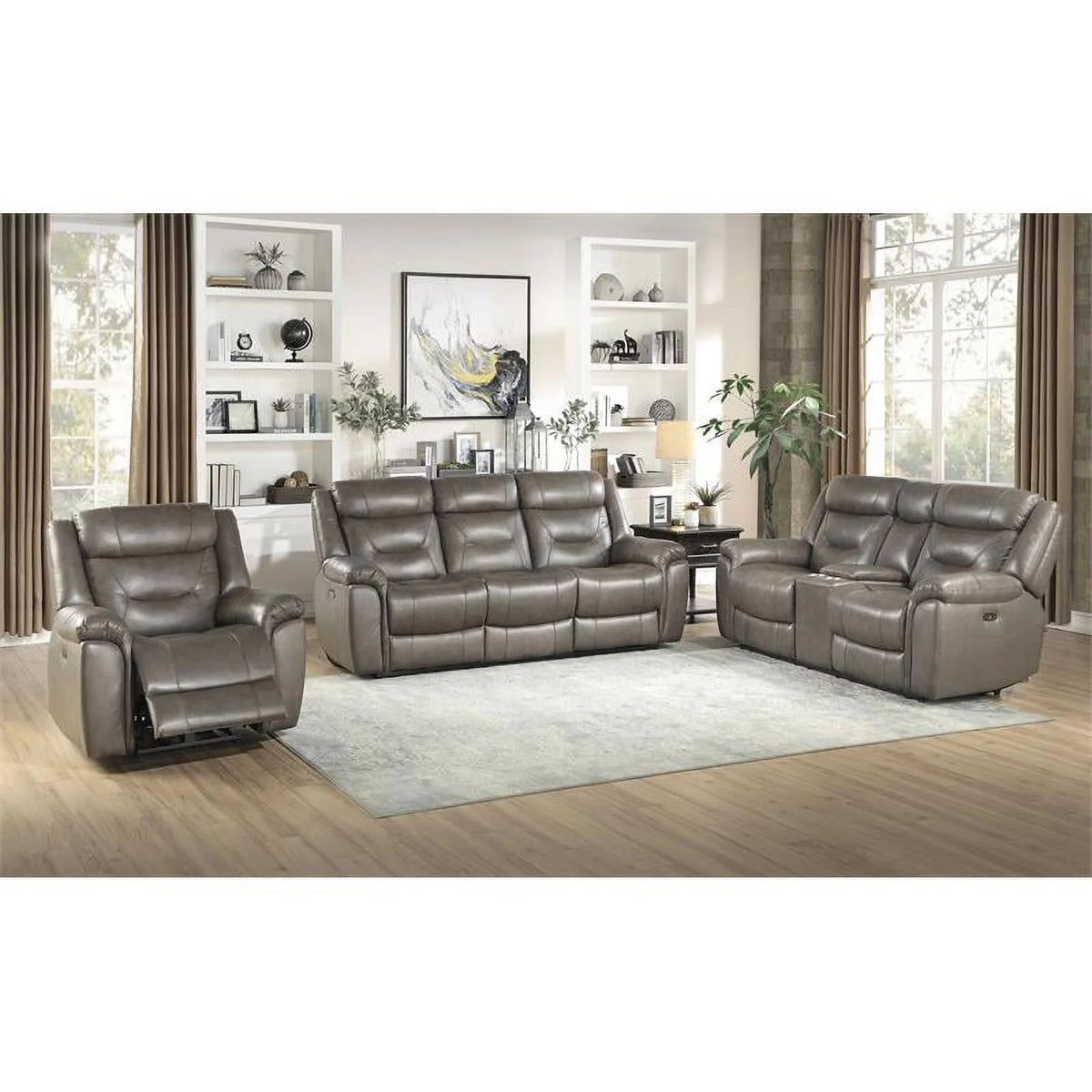 Brown Gray Italian Top Grain Leather Power Reclining Chair V337568