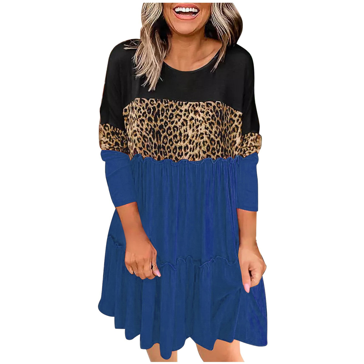 Petite O-Neck Long Sleeve Print Dress E26948