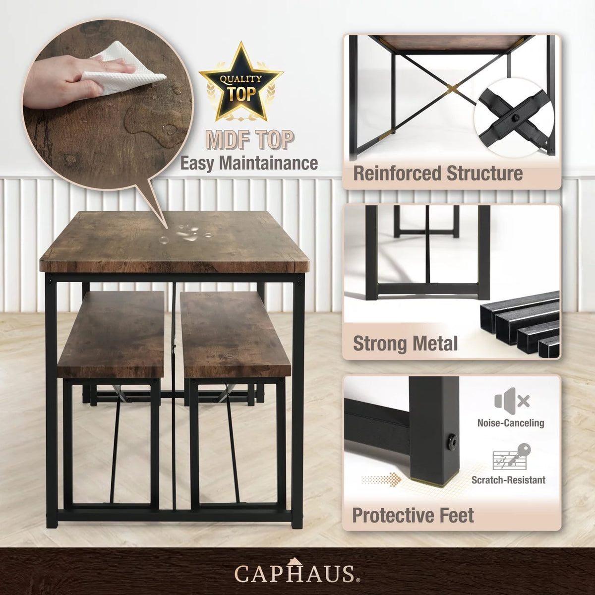 3 Pieces Dining Table Set with Benches Brown Oak I66220