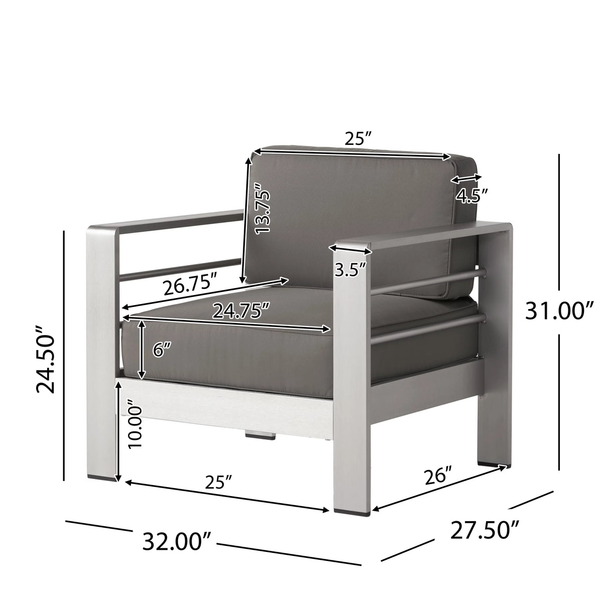Aluminum Club Chairs with Cushions, Set of 2, Gray Z151