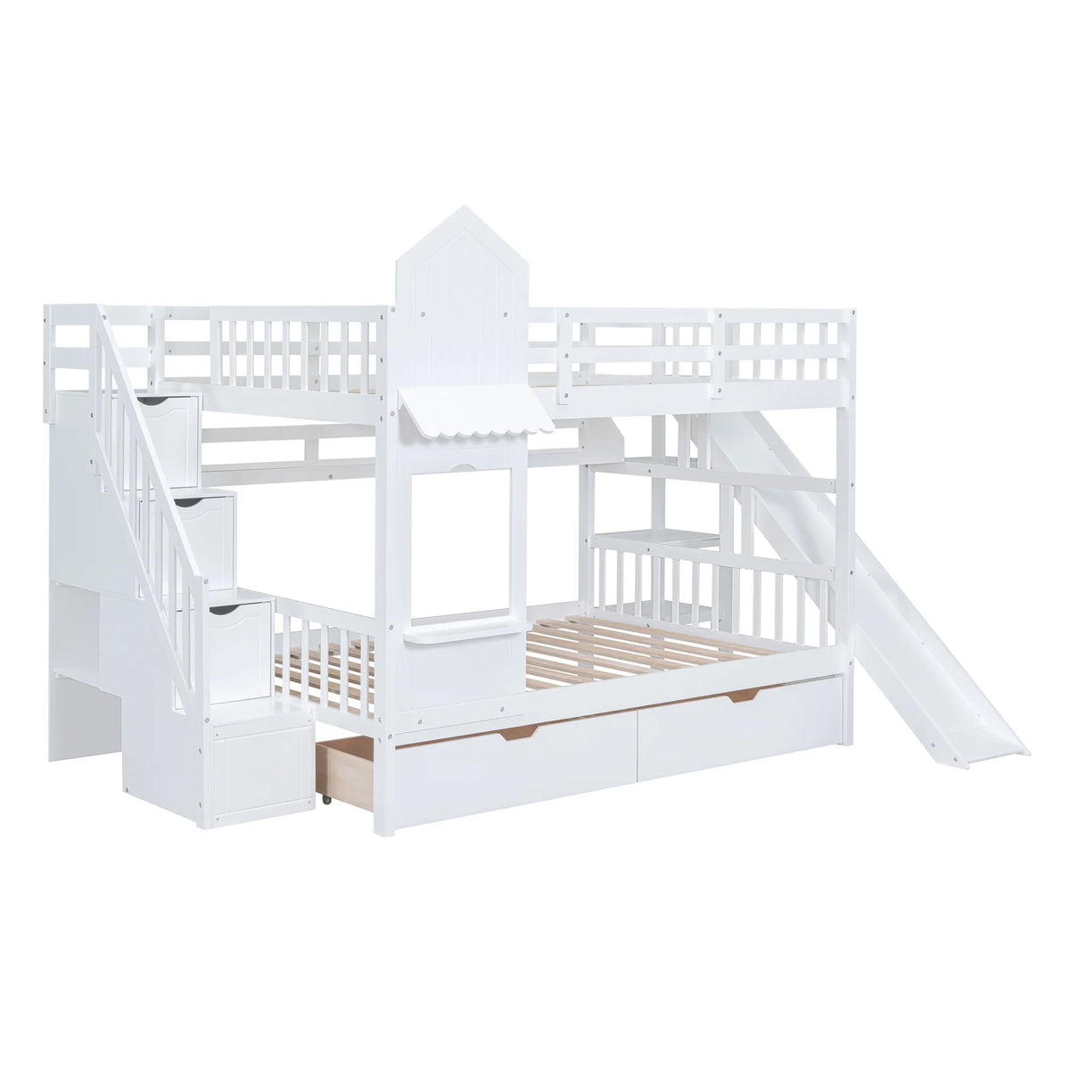 Full Over Full Castle Bunk Bed with Slide, Stairs and Storage Drawers B680310