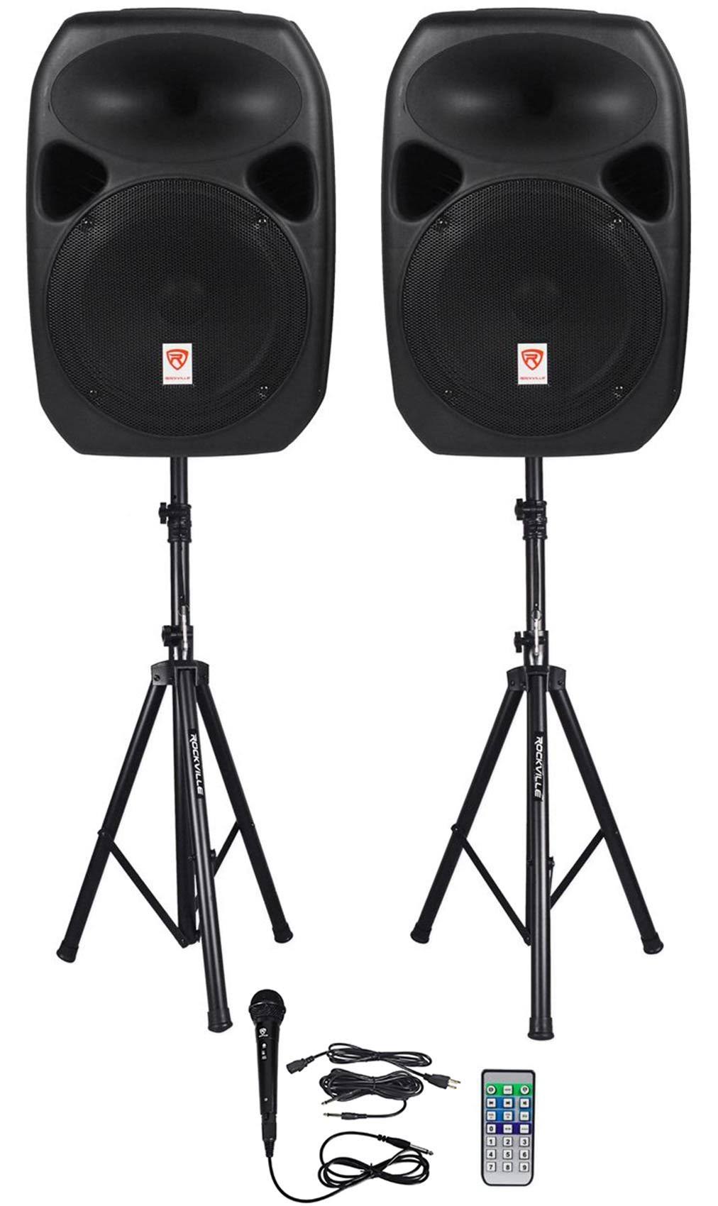 Dual 12x22 Powered Speakers with Bluetooth, Mic, Stands, and Cables J61366