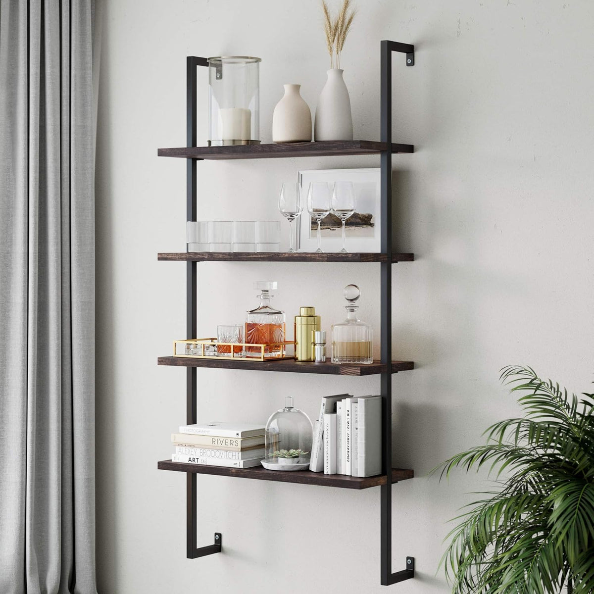 White/Gold 5-Shelf Ladder Bookcase with Metal Frame P948665