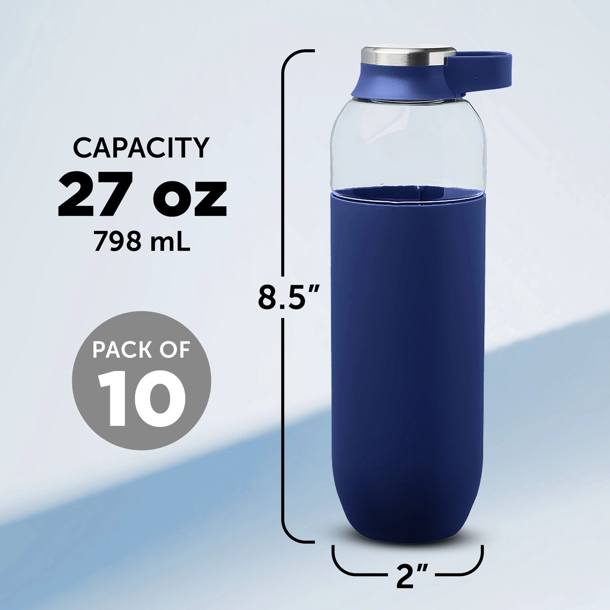 Navy Blue Plastic Water Bottles with Carrier Handle, 27 oz, Set of 10 J198350