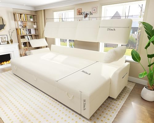 White Sherpa Sofa Bed with Storage Chaise H38541