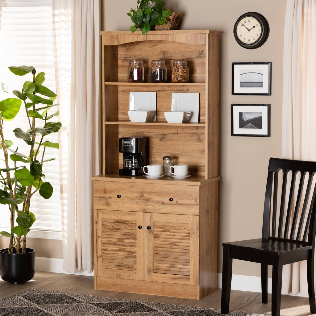 Modern Oak Brown Finished Wood Buffet and Hutch Cabinet C559628