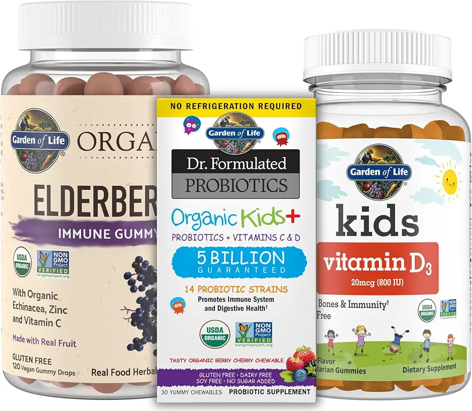Elderberry Echinacea Zinc Gummies 120 Count Kids Probiotics Berry Cherry 30ct Kids Vitamin D3 Orange Gummies 60ct V67729