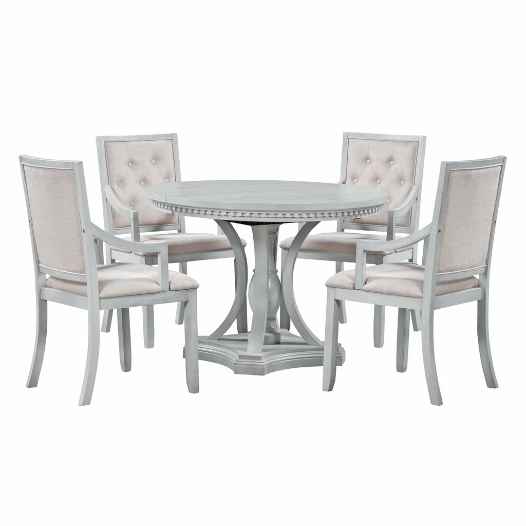 5 Piece Gray Wood Round Dining Table Set with 4 Upholstered Chairs X9284