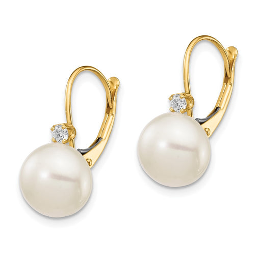 14k Gold White Freshwater Cultured Pearl Diamond Leverback Earrings I22131