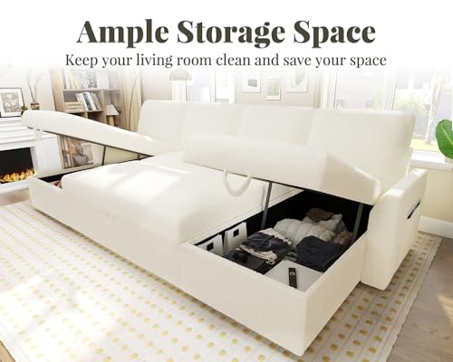 White Sherpa Sofa Bed with Storage Chaise H38541