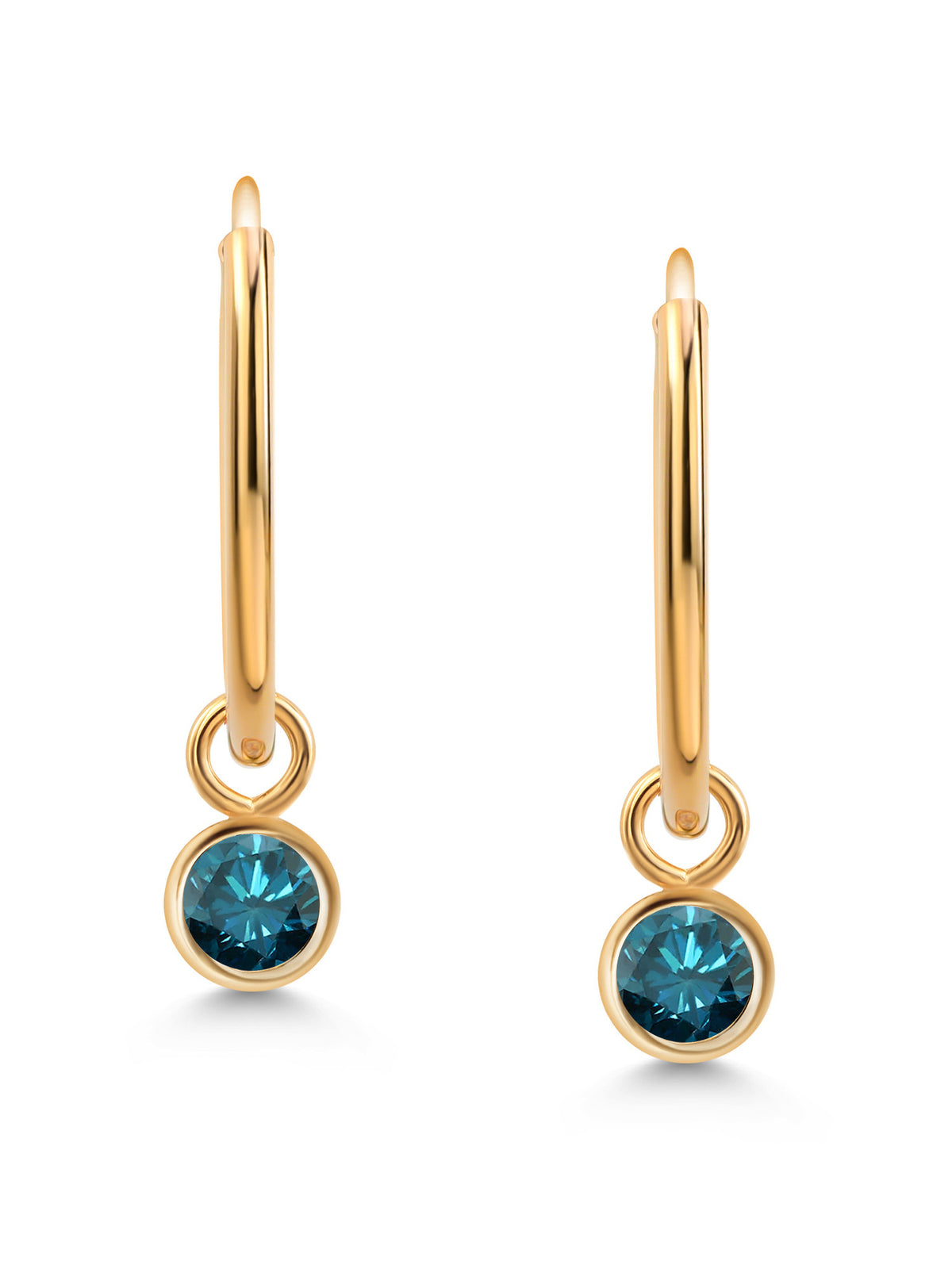 14K Yellow Gold Blue Diamond Hoop Earrings F7544