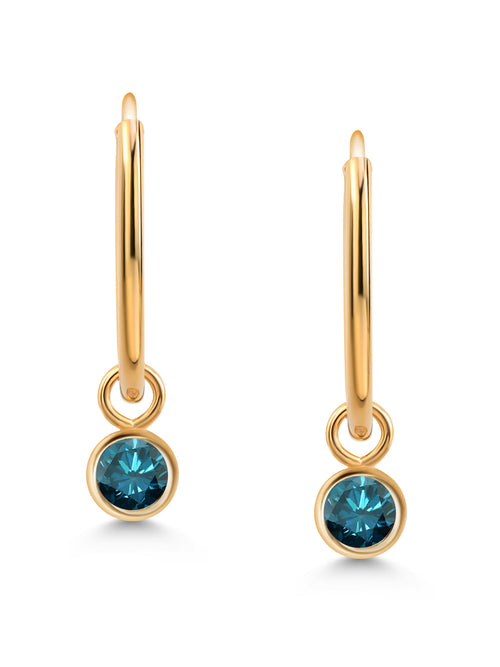 14K Yellow Gold Blue Diamond Hoop Earrings F7544
