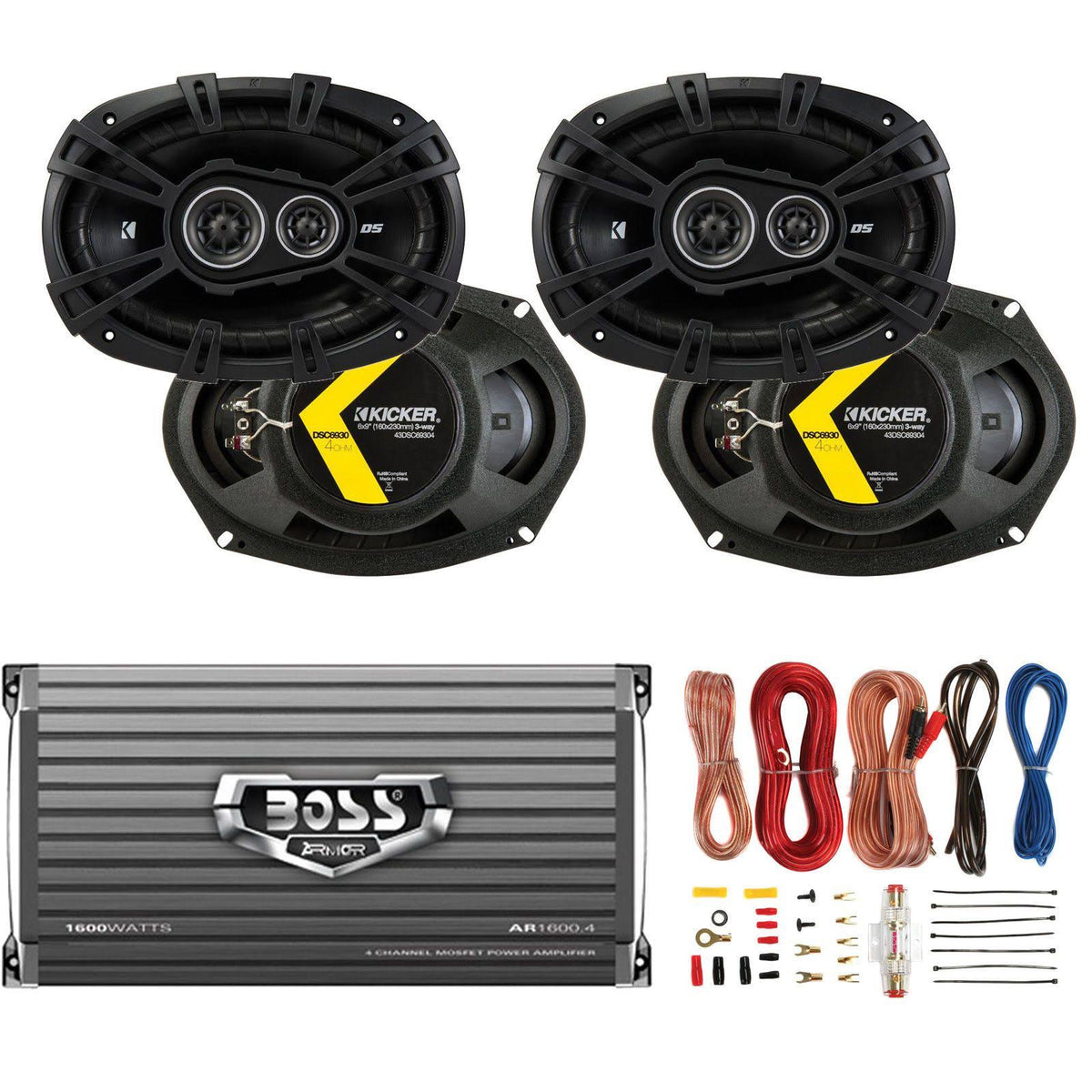 6x9" Car Speakers 4 Pack + Amplifier + 8 Gauge Wiring O206
