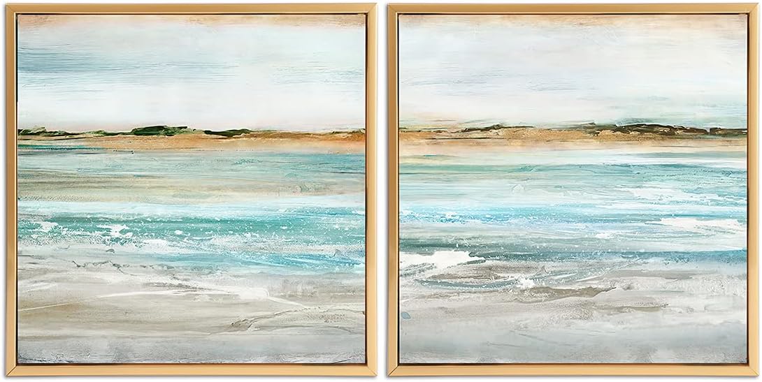 Gold Framed Linen Canvas Beach Landscape Painting 12 x 12 Set of 2 J590848