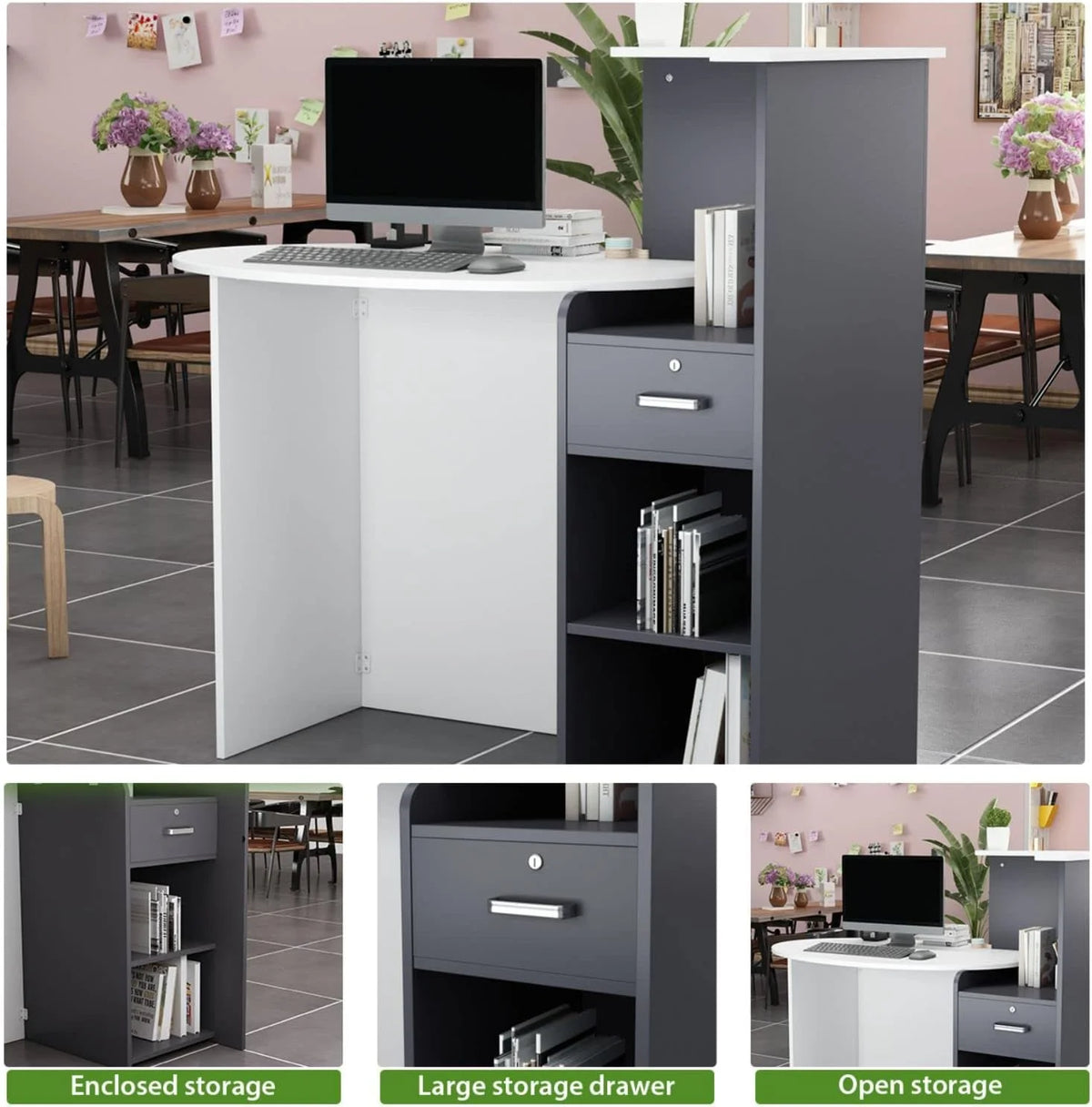 White and Dark Grey Reception Desk with Lockable Drawer B83332
