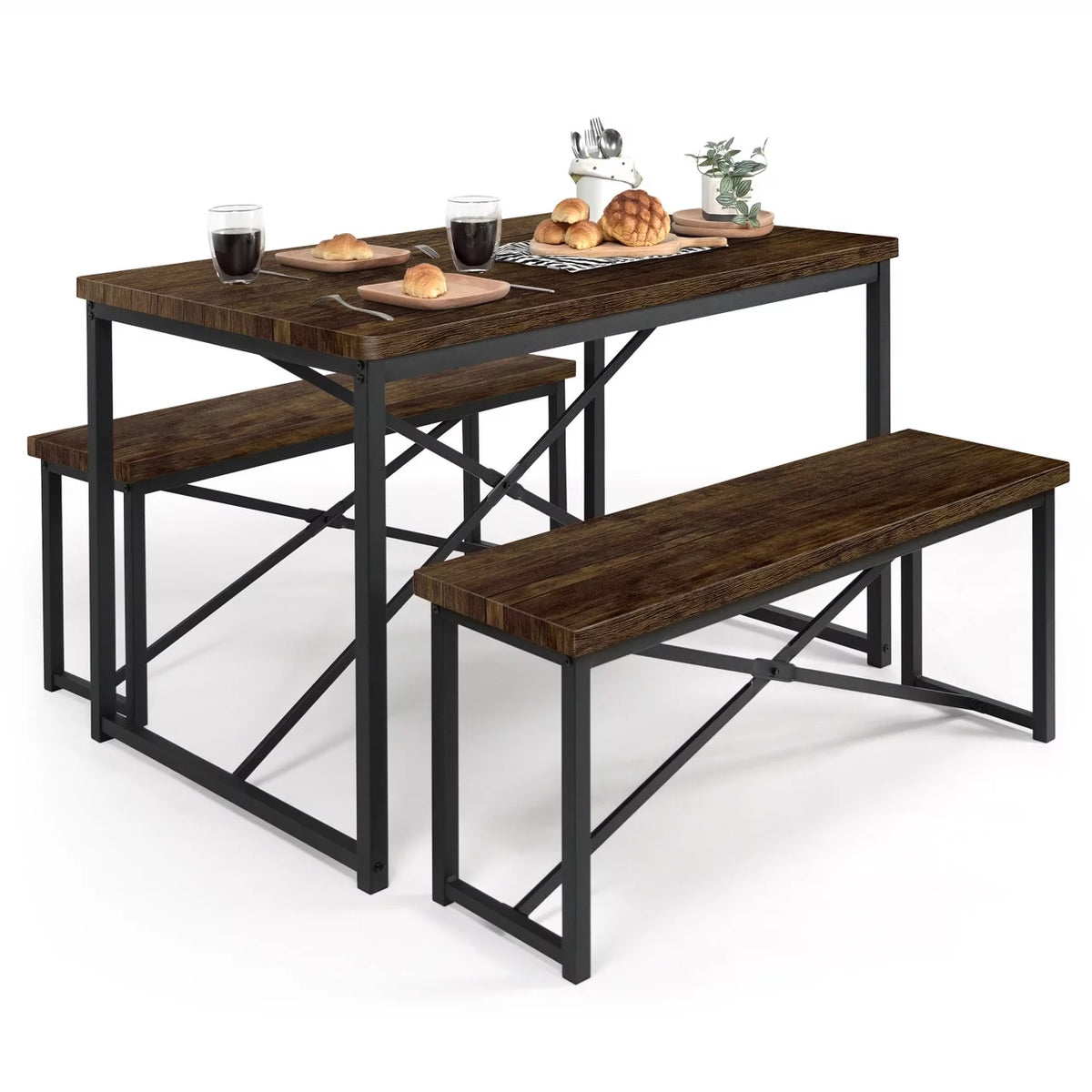 3 Pieces Dining Table Set with Benches Brown Oak I66220
