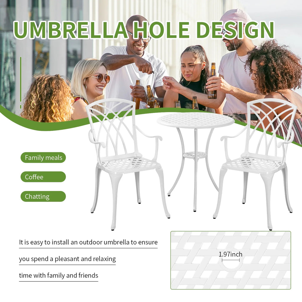 White Bistro Set with Umbrella Hole Cast Aluminum L49383