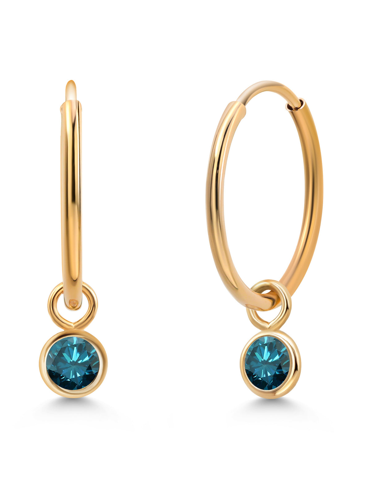 14K Yellow Gold Blue Diamond Hoop Earrings F7544