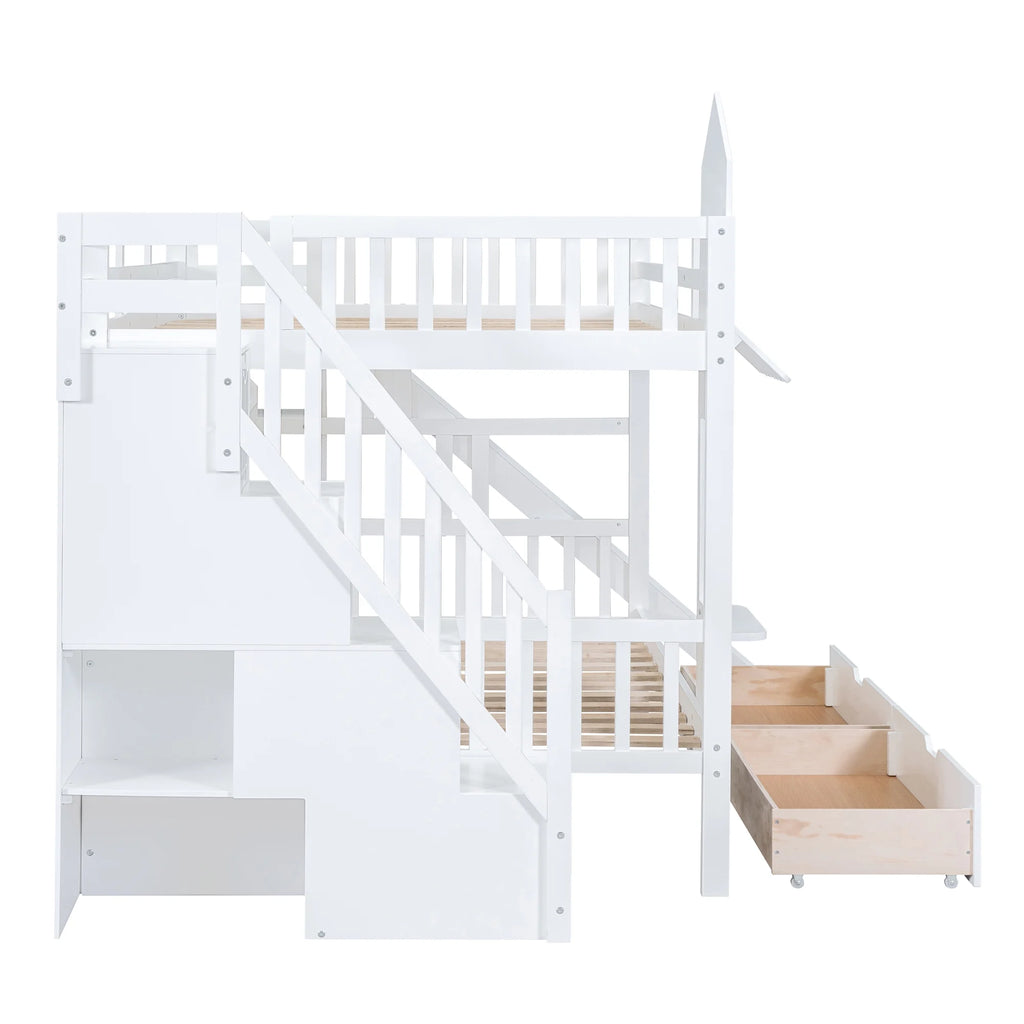 Full Over Full Castle Bunk Bed with Slide, Stairs and Storage Drawers B680310