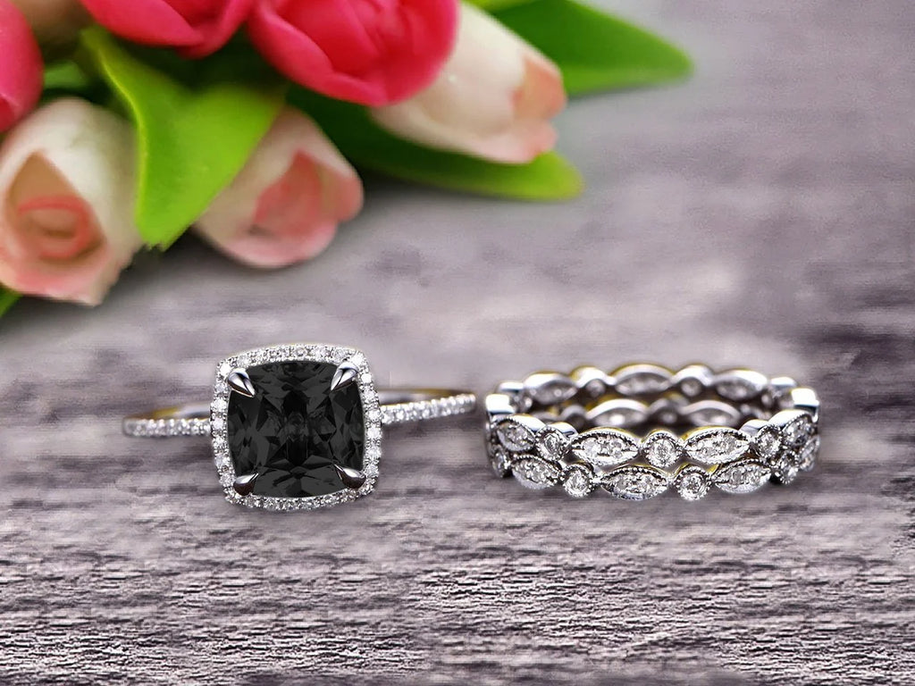 3.05 Carat Cushion Cut Black Diamond Moissanite Bridal Set Engagement Ring 10k White Gold Full Eternity Art Deco N382
