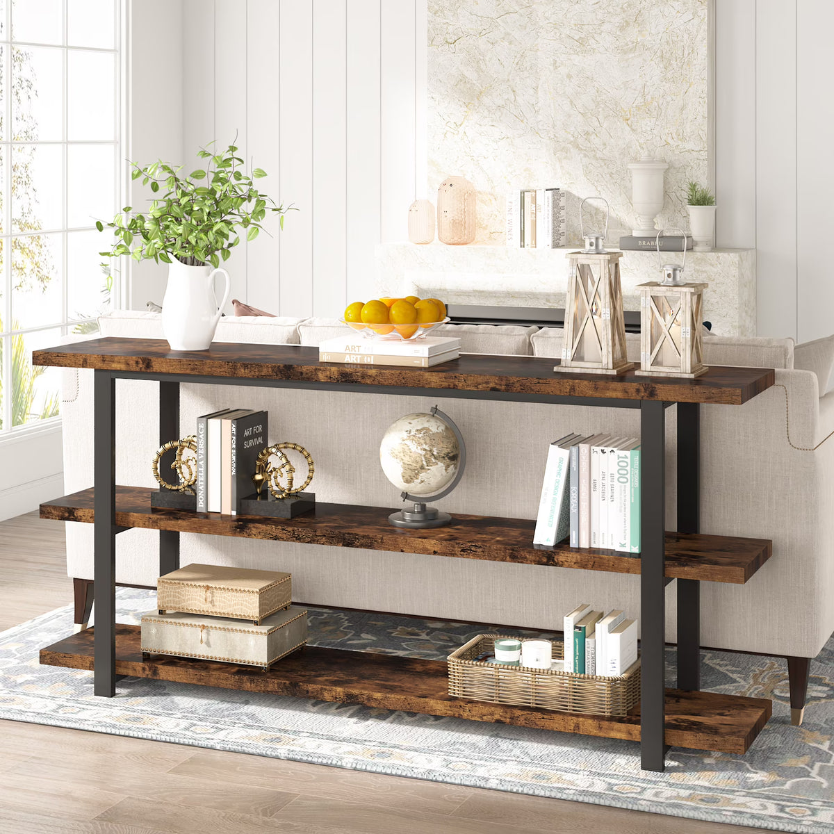 70.9 Inch Industrial Narrow Console Table with 3 Tier Storage Shelves F367