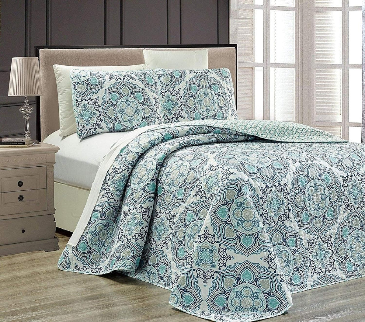 King/California King 3pc Reversible Oversized Bedspread Set Navy Blue White Teal Aqua Taupe B852